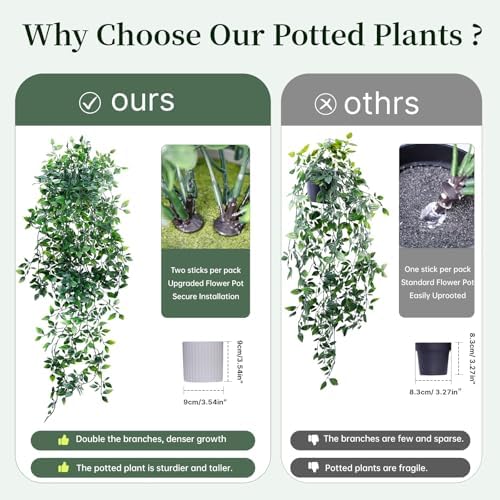 Artificial Hanging Plants for Shelf, 2-Pack Fake Potted Greenery Faux Mandala Vines in Black Pot, Décor for Office Living Room Bathroom Indoor Outdoor - Image 5