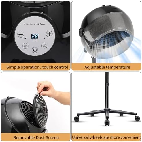 Hooded Hair Dryer, Standing Hair Dryer on Wheels, Sit Under Dryer with 3 Temperature Settings, for Salon, Spa or at Home Use Black - Image 5