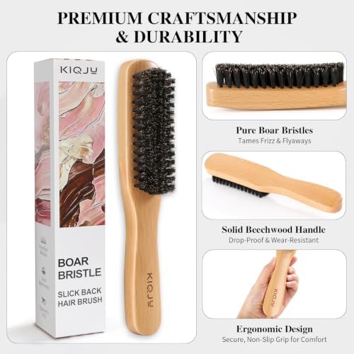 4Pcs Boar Bristle Slick Back Hair Brush Set, Soft Bristle Tames Flyaways, Frizz Shine, Gentle on Fine Hair & Scalp, with Rat Tail Comb & Edge Control for Sleek Ponytails, Buns, Teasing, Women Men Kids - Image 5