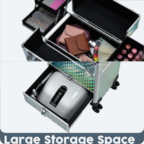Hododou Blue Rolling Makeup Case with Drawer Travel Trolley Cosmetology Case on Wheel Makeup Storage Salon Barber Case Traveling Cart Trunk for Cosmetologist Nail Tech Hairstylist - Image 5
