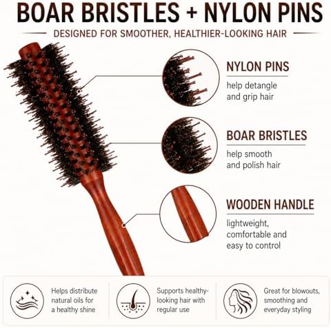Boao 3 Pack Boar Bristle Round Hair Brushes Wooden Small Medium Large Set - Image 3