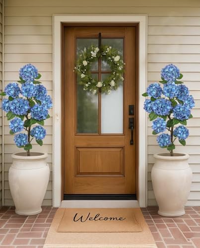 Hollyone 4FT Blue Hydrangea Artificial Flowers Tree Large Real Touch Faux Silk Hydrangea Plants Potted Fake Flower in White Pot for Home Indoor Outdoor Front Porch Garden Entrance Living Room Decor - Image 4
