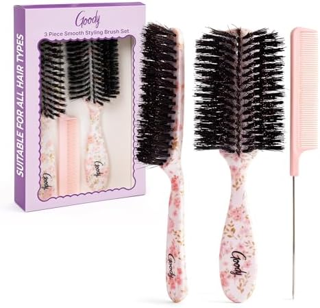 Goody 3-Piece Styling Hairbrush Set, Floral Pattern, Boar Bristle Smoothing Brush for Shine, Half-Round 180° Brush for Volume, Rat-Tail Comb for Precision, For All Hair Types, Gift for Women & Girls by Goody