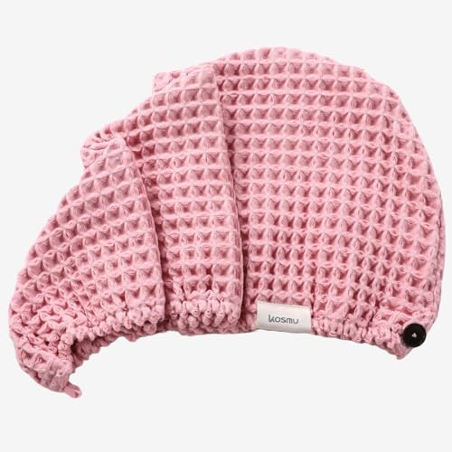 Luxury Organic Japanese Cotton Hair Drying Waffle Towel Wrap for Women | Absorbent, Quick-Dry Head Turban for Shower, Sauna, Spa | Extra Large for Long, Curly, Straight Hair With Button (Pink, 1 Pc) - Image 2