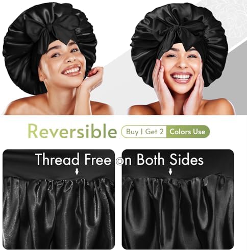 BONNET QUEEN Silk Bonnet for Sleeping Satin Bonnet Hair Bonnet Braid Bonnet Double Layer Tie Bonnet Night Hair Wrap for Women Curly Hair Black - Image 2