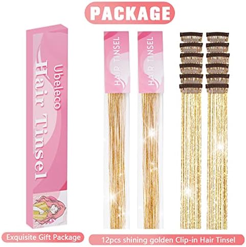 Gold Hair Tinsel Packs of 12Pcs Clip in Hair Tinsel Kit 20.5 inch Fairy Hair Tinsel Heat Resistant for Women Girls Glitter Hair Extensions for Christmas New Year Halloween Cosplay Party (Golden) - Image 4