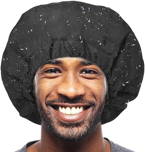 Shower Cap for Men Black Bath Cap, Reversible Terry Lined Large Waterproof Adjustable Shower Caps Elastic Band Stretch Hem Hair Hat for braids - Image 7