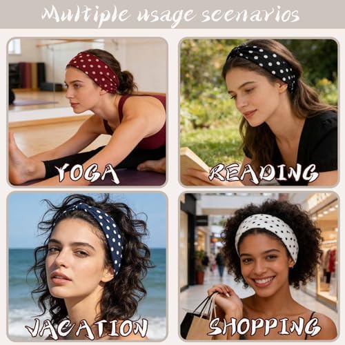 Olbye Wide Boho Headbands Floral Stretch Head Wraps Turban Knotted Yoga Hairbands Workout Hair Accessories for Women 4Pcs (Polka Dot, 9.4 * 5.9'') - Image 5