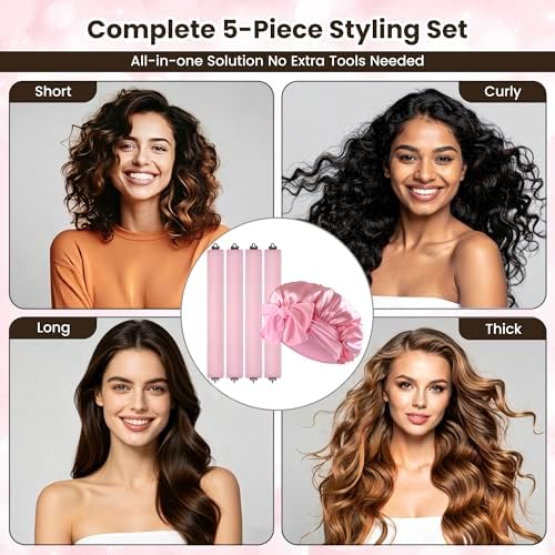 Heatless Curls Overnight, Velvet Heatless Hair Curler Set with Hook Closure – 4 Soft Hair Rollers Blowout Rods + Satin Hair Bonnet for Sleeping, Flexi Rods for Long Hair Women (B - PINK) - Image 6