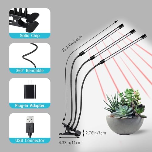 Black Grow Lights for Indoor Plants, 126LEDs Clip Plant Lights, Full Spectrum LED Plant Growing Lamps with Flexible Gooseneck, 4/8/12/18H Timer, 3 Spectral Modes, 10 Dimmable Levels, 3 Head 1 Pack - Image 5