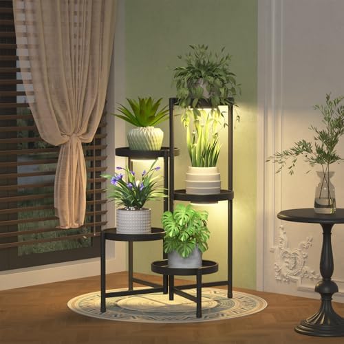 5 Tier Large Plant Stand with Grow Light, 10 Inch Tray, Black by iDavosicly