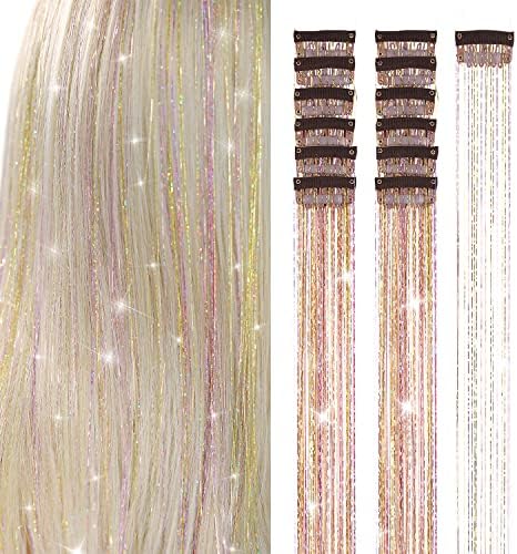 Ubeleco Hair Tinsel, Packs of 12Pcs Clip in Hair Tinsel, 20.5 Inch Fairy Hair Tinsel Kit Heat Resistant for Christmas New Year Halloween Party, Tinsel Hair Extensions for Women Girls (Gold Pink) by Ubeleco