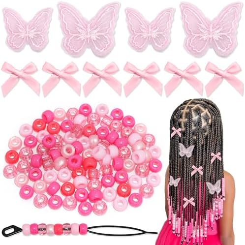 100PCS Small Pink Bows Gradient Hair Beads for Braids Embroidery Butterfly Hair Clips Loc Jewelry Acrylic Large Beads Cute Hair Accessories Dreadlock for Women and Girls by Arocooy