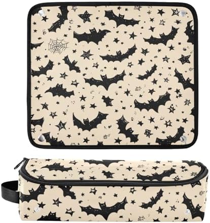 Hair Tools Travel Bag with Heat Resistant Mat 2-in-1 Hot Tools Travel Bag Organizer Flat Curling Iron Travel Case for Straightener White Halloween Bats Stars - Image 3