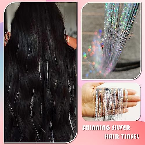 Silver Hair Tinsel Kit 48 Inches 1200 Strands with Tools and Instruction Easy to Install Fairy Glitter Tinsel Hair Extensions for Women and Girls，Shinny Sparkling Braiding Hair Accessories for Halloween Cosplay Party - Image 2