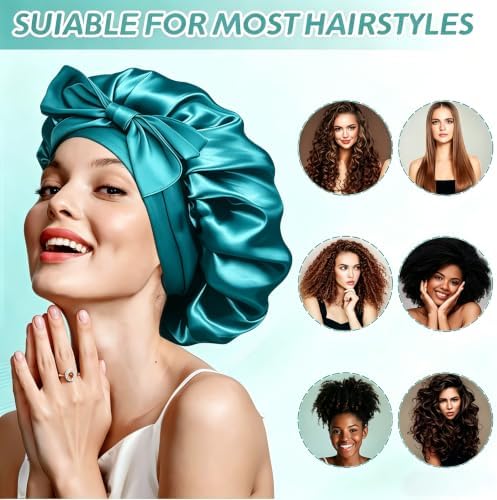VECIIR Silk Bonnet for Sleeping Women，Hair Bonnet for Sleeping Silk Night Cap for Curly/Natural Hair Skin Hazel Cyan, Large - Image 6