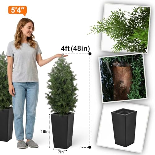 Aveyas 4ft Artificial Cedar Topiary Trees, 4 Feet Faux Potted Plants Evergreen Fake Pine Cypress Tree for Outdoor Porch Home Outside Door Decor (4 ft Tall Including Raised Pot) - Set of 2 Pack - Image 2
