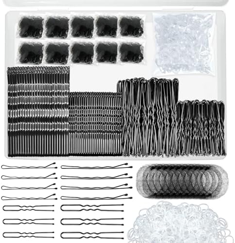 510PCS Black Bobby Pins Hair Pins Kit with Hair Net, YINGFENG Includes 100 Bobby Pins for Women, 100 U-Shaped Buns Hair Clips, 300 Hair Bands and 10 Black Hair Nets, Dance competition must haves by YINGFENG