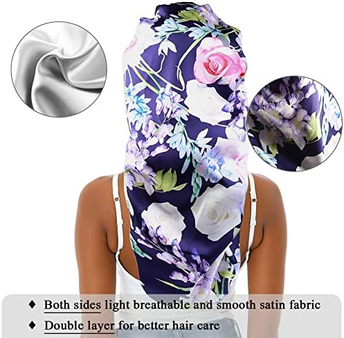 Extra Long Satin Bonnet for Women Sleeping, Silky Elastic Sleep Cap with Tie Band, Double-Layer Long Hair Bonnet for Braids/Curly/Long Hair (Purple Floral) - Image 4