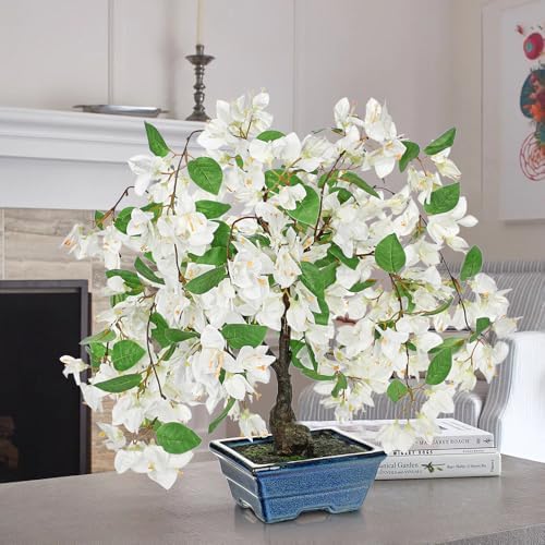 Briful Artificial Bougainvillea Tree in Blue Pot 18.5" Tall Faux Bougainvillea Floral Tree Tropical Silk Fake Bougainvillea Plant for Home Office Living Room Table Décor(White) - Image 4