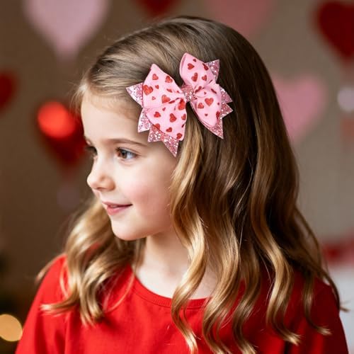 Glitter Pink Valentines Hair Bows for Girls 2pcs 3.5" Red Heart Ribbon Dressy Bow Alligator Clips for Women Wedding Party outfit Decor Accessory Her Birthday Favor Gift - Image 5