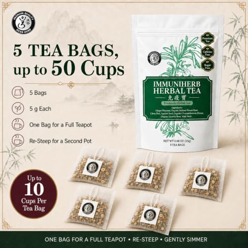 Herb Guru Herbal Tea, Immune Defense Ginger & Mint, 5 Bags (50 Cups) - Image 3