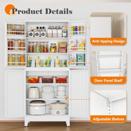 GAIOUS 74.8" Tall Metal Food Cabinet, White Kitchen Pantry Cabinet Cupboard - Image 4