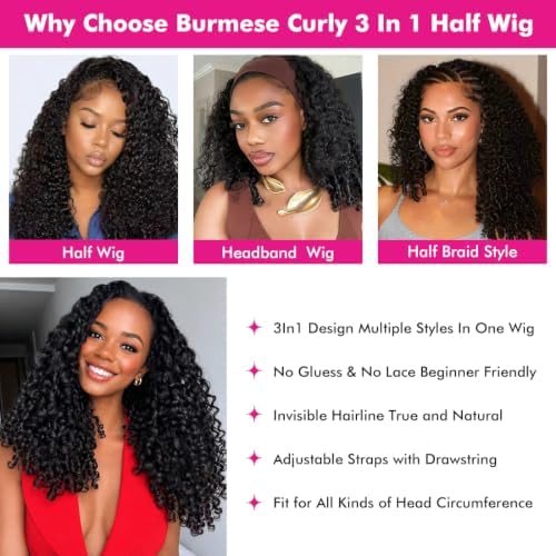 Half Wig Human Hair Burmese Curly for Black Women 24 Inch Natural Color - Image 3