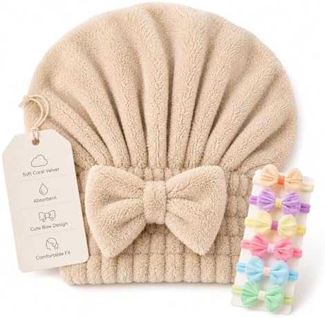 Coral Velvet Cute Bow Bath Cap for Women, Ultra Soft Absorbent Hair Drying Cap, Quick Dry Hair Towel Wrap, Towel Turban for Wet Hair, Curly, Long & Thick Hair (1, Khaki) by Unknown