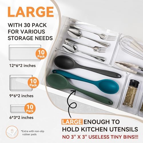 Criusia 30 Pack Large Clear Plastic Drawer Organizer Bins - Acrylic Kitchen Drawer Organization and Storage Dividers for Utensils Gadgets, Office Bathroom and Vanity Organizer for Makeup Accessoires - Image 2