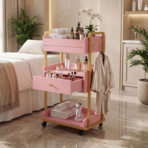 Salon Spa Cart with Storage, 3-Tier Rolling Beauty Storage Cart, Pink - Image 2