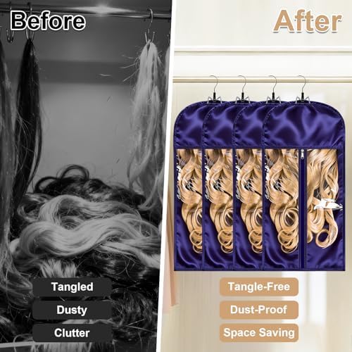 2 Pack Purple Silk Satin Wig Storage Bag with Hanger, Breathable Hair Extension Holder for Styling & Organizing, Dust-proof Silk Case for Protecting Hair Extensions & Wigs - Image 5