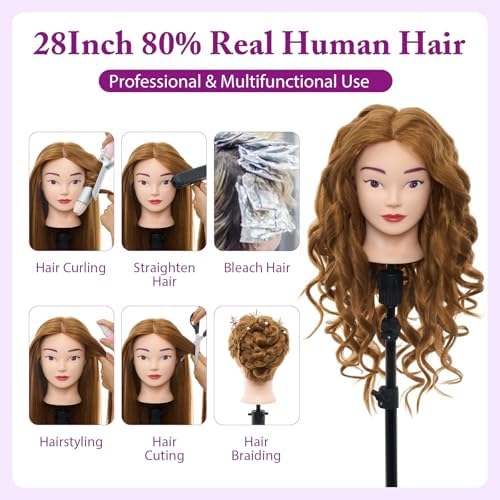 28" Mannequin Head with 80% Human Hair, Manikin Doll Head for Hair Styling - Image 2