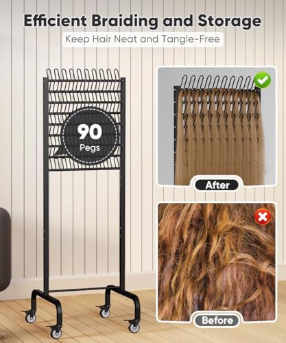 90 Pegs Braiding Hair Rack, Adjustable Metal Hair Separator Stand with Wheels, Hair Extension Holder for Hair Stylists, Braiders, Home, Salon, Beauty School, Black - Image 3