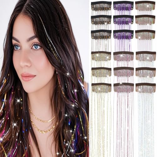 18 Pcs Hair Tinsel Clip in, 20.5 Inch Glitter Tinsel Hair Extensions, 6 Colors (Pink Silver Gold Purple Brown White) Fairy Hair Tinsel Clips Dazzling Hair Accessories for Girls Women (Six Color) by Nielp