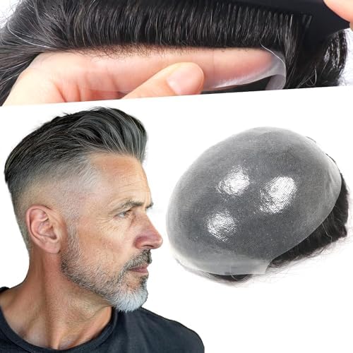 Toupee for Men Human Hair Thin Skin PU Mens Hair System Undetectable Invisable Hairline Mans Hair Prosthesis #1B10 10% Ash Grey Mens HairPiece Natural Hair Patch for Thinning 8x10 by lumeng