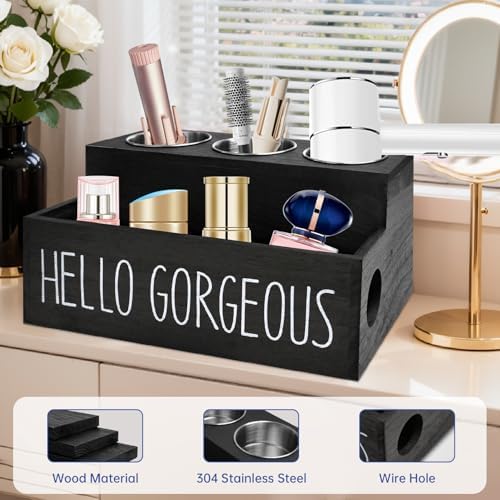 Wooden Hair Tool Organizer, Hair Dryer Holder with 3 Steel Cups for Flat Irons, Curling Irons, Blow Dryer, Hot Tools Organizer for Hair Styling Accessories for Bathroom or Cabinet Storage (Black) - Image 5