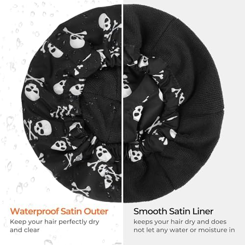 Shower Cap for Men Skulls Bath Cap, Reversible Large Waterproof Adjustable Shower Caps Terry Lining & Elastic Band Stretch Hem Hair Hat - Image 5