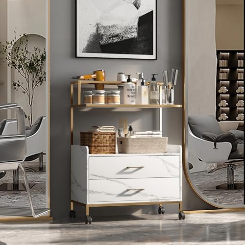 Salon Rolling Trolley with Lockable Wheels,Barber Cart,Gold,Marble - Image 2