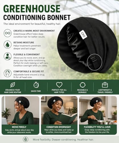 Greenhouse Conditioning Bonnet, Hyration, Moisture Retention, Heat Trap Sleep Cap, that is OilProof, with Adjustable Straps, for Deep Conditioning, and Pre-Poo-for Curly, Natural, Coily & Dry Hair - Image 2