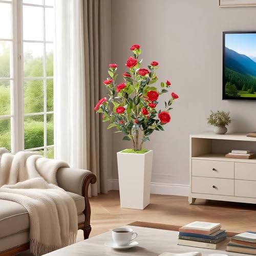 Romantic Season 4FT Artificial Camellia Tree with White Tall Planter, Red Faux Camellia Plant Flower Tree for Modern Home Office Living Room Floor Décor Outdoor Indoor，Red - Image 4