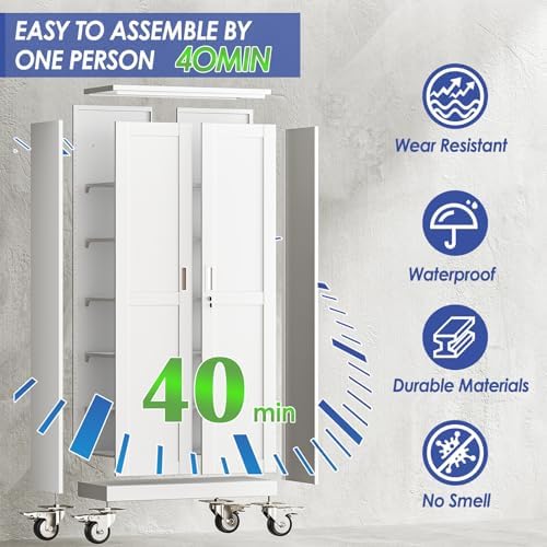 75" Metal Garage Storage Cabinet with Wheels and Locking Doors and Tall Rolling Steel Tool Cabinet with 5 Adjustable Shelves for Garage,Home,Office,Shop (White, 75''H x 32''W x16''D) - Image 4