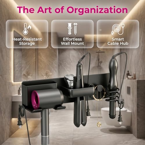 4-in-1 Hair Tool Organizer, Wall Mount Hair Dryer Holder, Black - Image 4