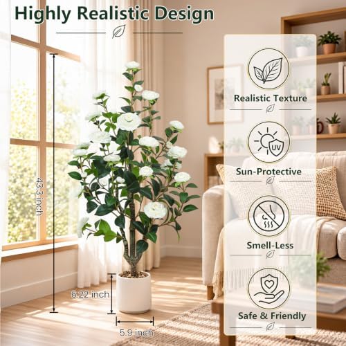 UPBUD Artificial Camellia Tree 2 Pack, 43.3" Tall Fake Camellia Plant - Image 2