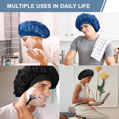 2 PCS Satin Silk Bonnet for Men Women, Hair Bonnet for Sleeping Men with Elastic Band, Large Silk Bonnet for Men Women Curly Hair Braids (Blue+Blue) - Image 6