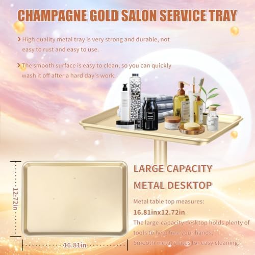 Salon Tray on Wheels, Champagne Gold Salon Rolling Tray, Adjustable Height - Image 2