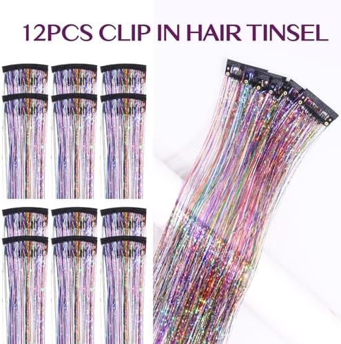 IDN BEAUTY Hair Tinsel Clip In Rainbow Sparkle Hair Extensions 24 Inch 12pcs - Image 3