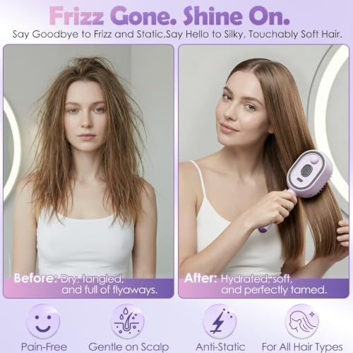 Electric Spray Air Cushion Massage Comb, 2026 Upgrade Electric Steam Hair Brush with Misting Detangling for Dry Frizzy Hair, Self-Cleaning Gloss Enhancing Care Brush for Women (Beige) - Image 5