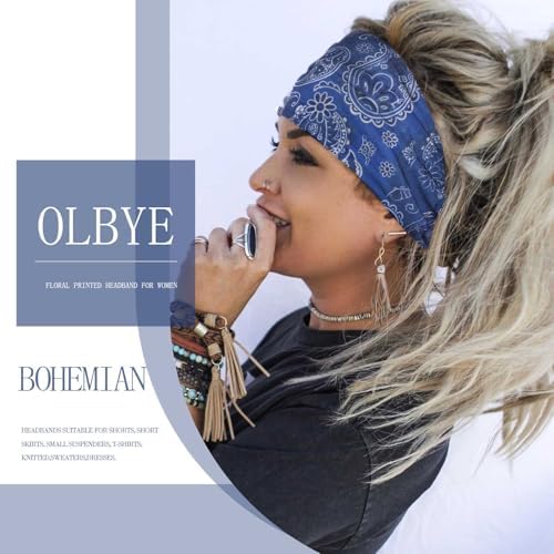 Olbye Wide Boho Headbands Floral Stretch Head Wraps Bohemian African Turban Hairbands Knotted Bandana Headband Yoga Running Head Scarfs Workout Hair Accessories for Women 4Pcs (Bohemian, 9.4 * 5.9'') - Image 4