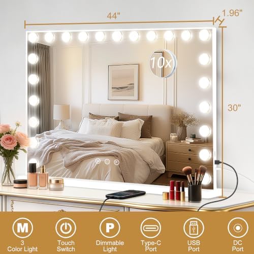 Moonee Vanity Mirror with Lights, Hollywood Lighted Makeup Mirror with 23 Dimmable Bulbs and 10X Magnification, 3 Colors Modes, Light Up Mirror, Gifts for Women, Girls,Dorm Room Essentials（44" x 30"） - Image 2